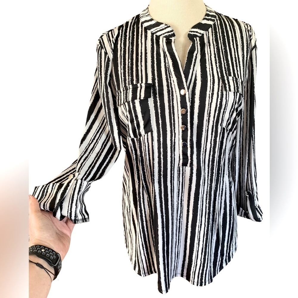 COCOMO XL White Black 3/4 sleeve women’s Pintuck Blouse tunic top shirt - Picture 3 of 12